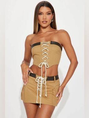 Strapless Lace-Up Crop Top in Khaki skirt set